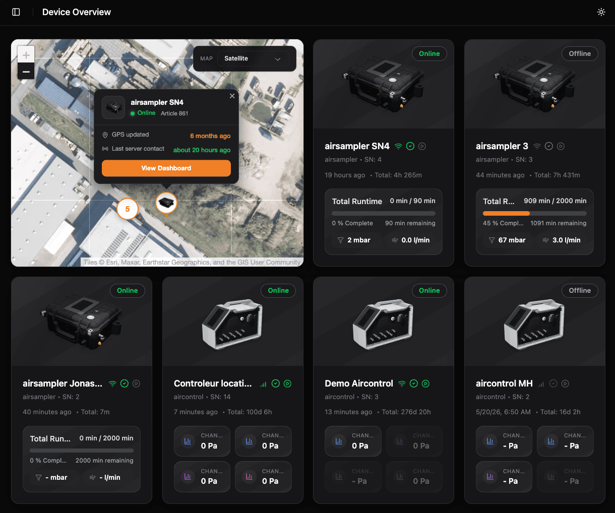 Device overview screenshot with map and device cards